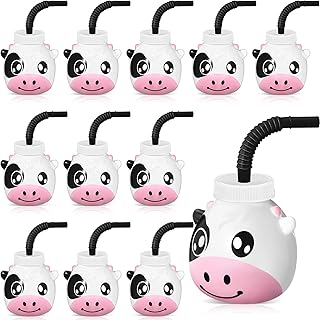 Roshtia 12 Set Farm Animal Cups with Straws and Lids 11 oz Plastic Reusable Animal Themed Cups Cute Animal Sippy Cups for Kids Birthday Farm Theme Party Favor Supplies (Cow)