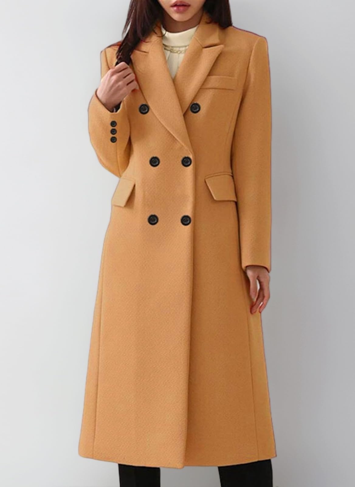 Casual Long Double Breasted Solid Wool Coat with Pockets Wool Coat Women's Transition Jacket Summer