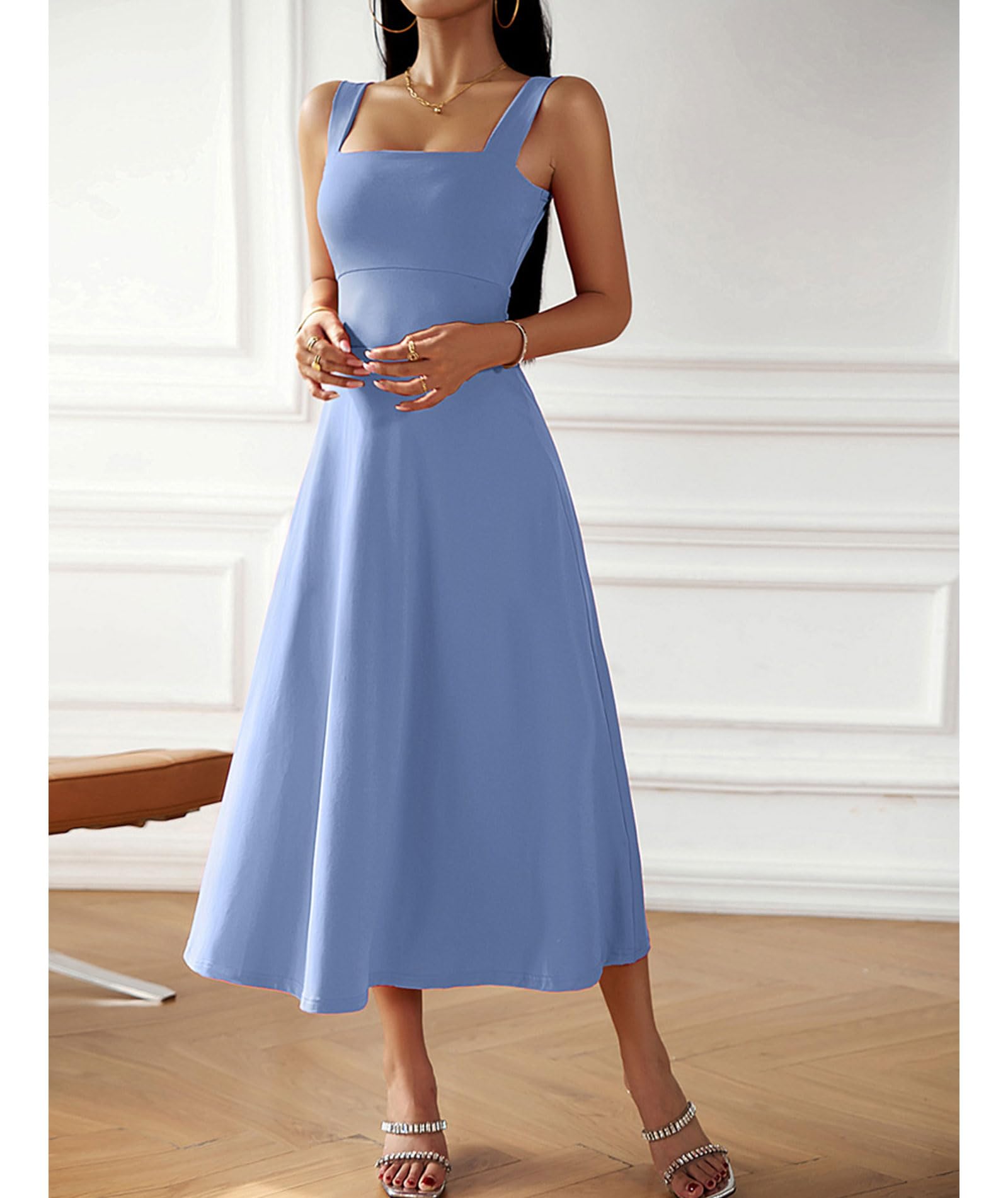 xxxiticat Mujer Elegante Vestido Midi 2024 Casual Sin Mangas Cuello Cuadrado Línea A Vestido de Cóctel Fiesta