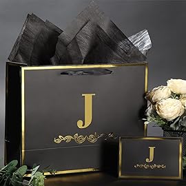 momoake Alphabet Birthday Gift Bag with Card and Tissue Paper for Men Women, 13 Large Black Gold Personalized Bridal Party Gift Paper Bag for Gifts Wrapping - (Letter J)