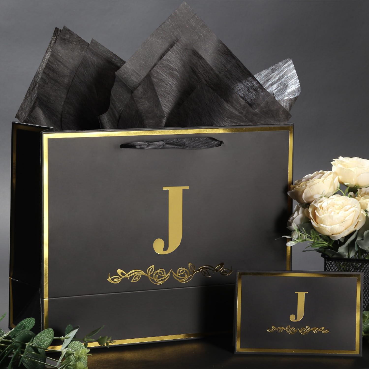 momoake Alphabet Birthday Gift Bag with Card and Tissue Paper for Men Women, 13" Large Black Gold Personalized Bridal Party Gift Paper Bag for Gifts Wrapping - (Letter J)