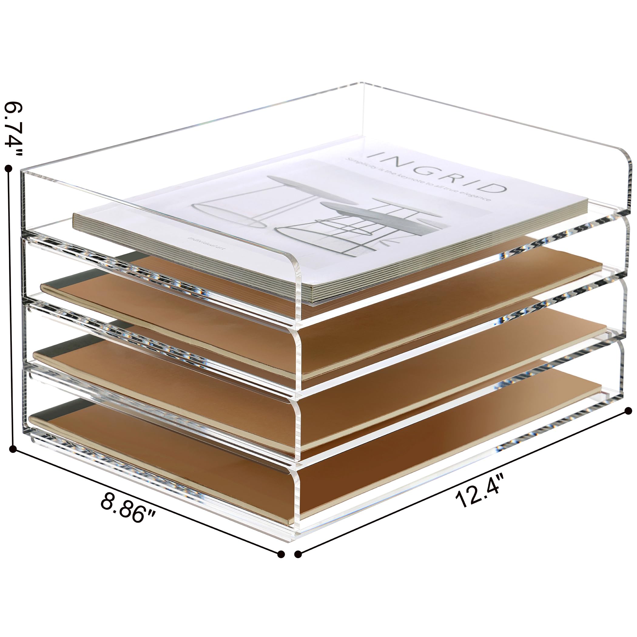 SANRUI Plateau de rangement transparent à 4 niveaux pour documents A4, empilable, organiseurs de bureau et accessoires, organiseur de fournitures de bureau, 31,5 x 22,5 x 8,8 cm