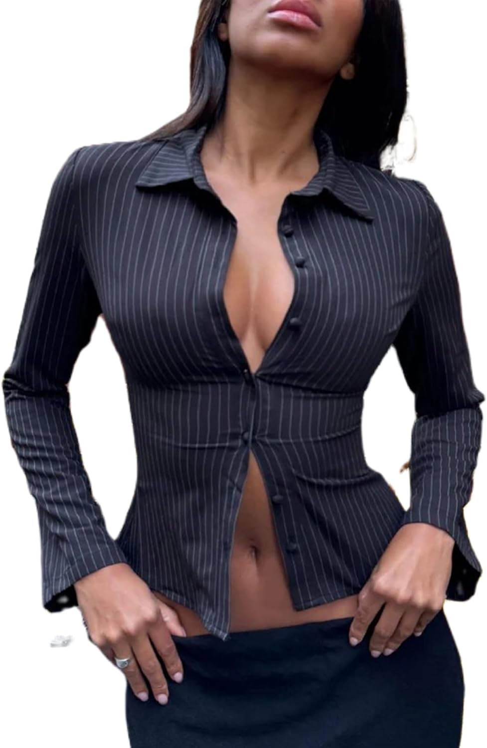 Striped Fitted Button Down Shirts Women Y2K Long Sleeve V Neck Collared Blouse Top Coquette Aesthetic Tops