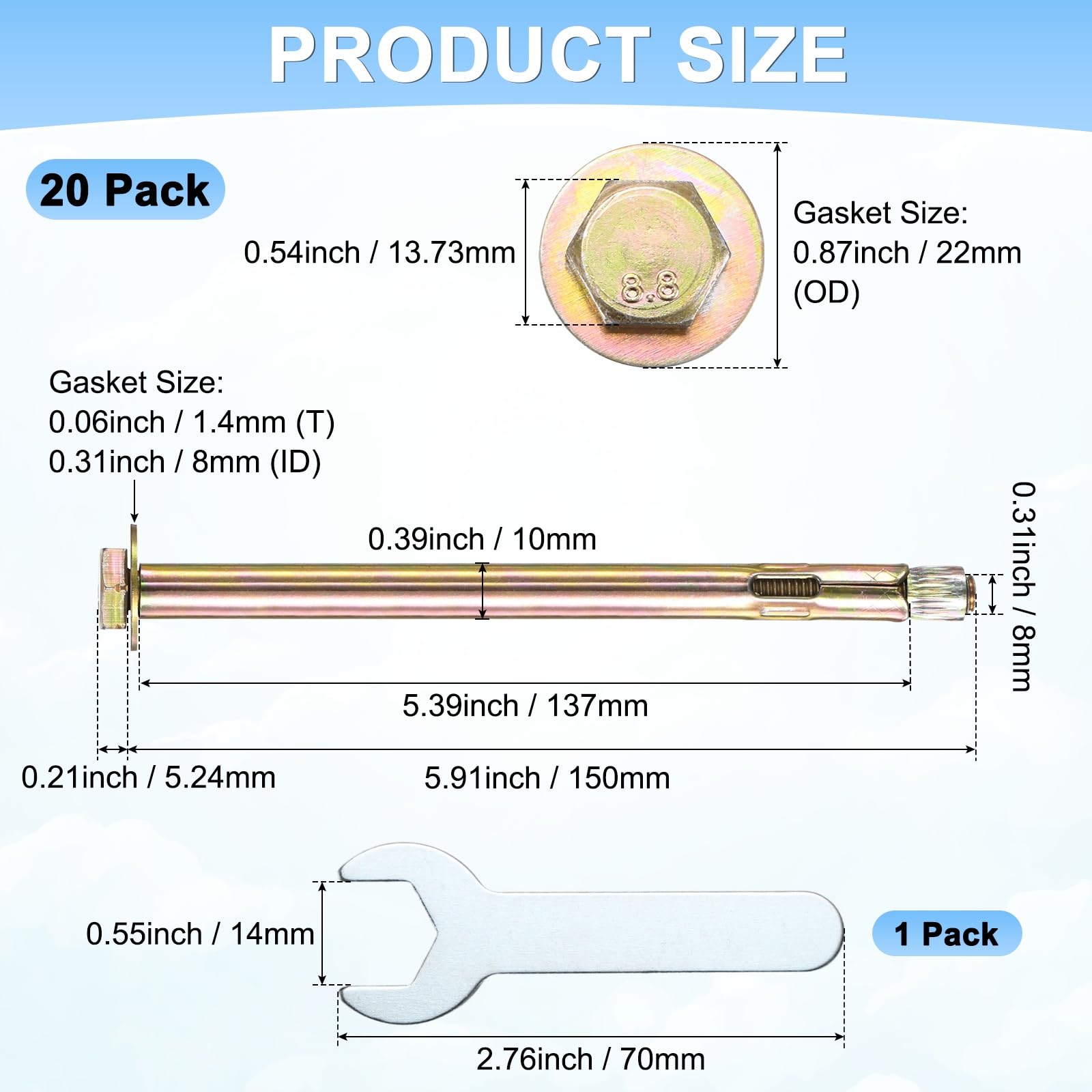 M METERXITY 20pcs Bullone A Espansione Esagonale, M8x150mm Acciaio Ferro-Carbonio Zincato Colorato Bulloni A Espansione Con Chiave Da 14mm, Bullone Metallico Anti-Corrosione/Mattoni Asciutti