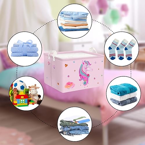 Miniatura 6 de Clastyle Cesta rectangular de unicornio rosa para niñas, con diseño de estrella de nube, corazón, para baby shower, ropa, toalla, libro, juguetes,