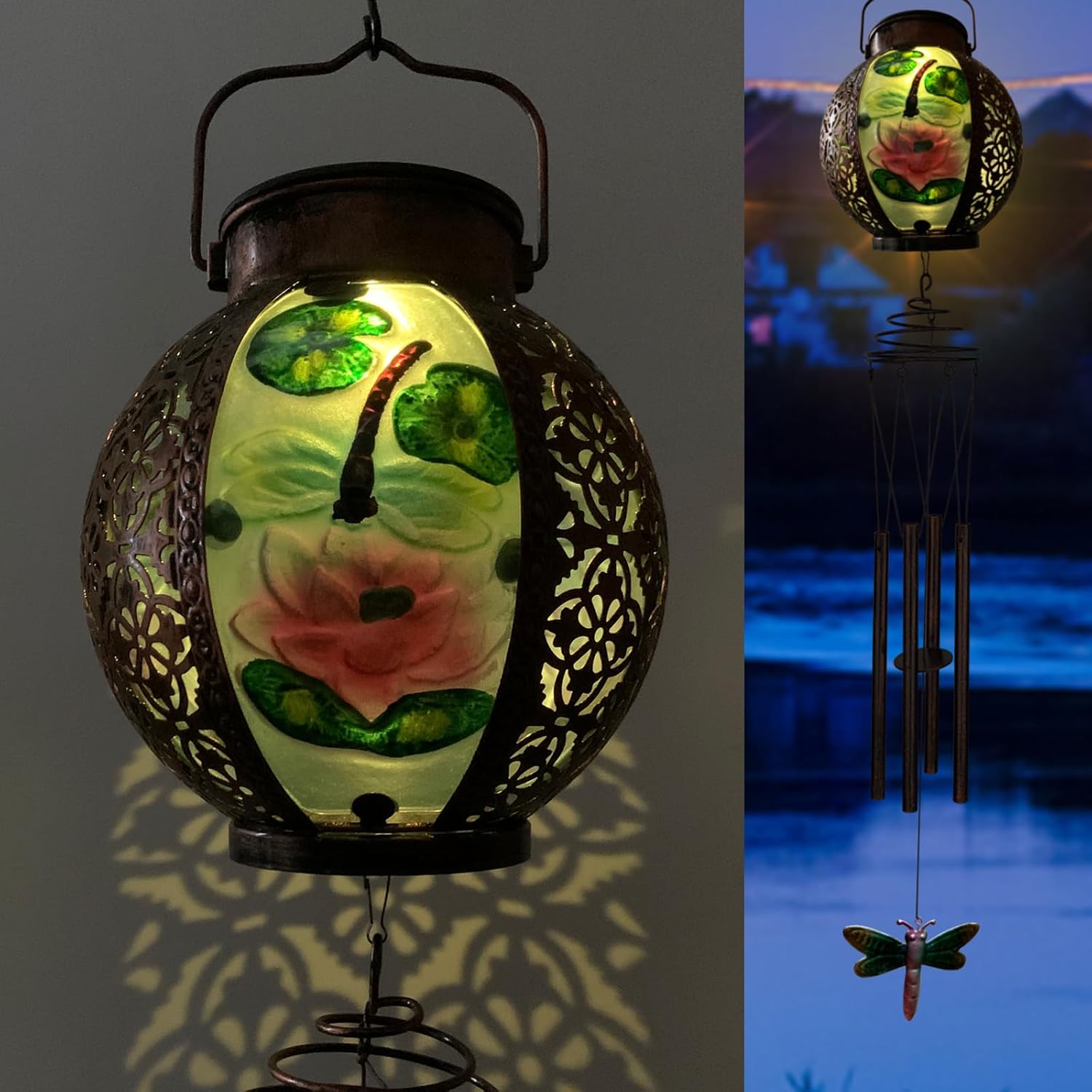 Solar Wind Chimes for Outdoor, Dragonfly Garden Decorations Memorial Wind Chimes Deep Tone, Sympathy Windchimes with Detachable Solar Lanterns Outside Garden Décor, Gifts for Mom, Grandma-Dragonfly