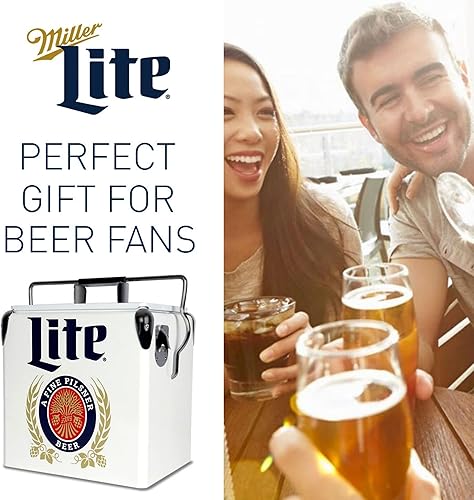 Miniatura 8 de Miller Light - Hielera retro para 18 latas, cubo de hielo portátil con abridor de botellas, estilo vintage, aislado para campamento, playa, picnic,