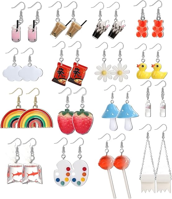 Diamday Cute Funny Cool Weird Earrings Water Bottle Milky Tea Mushroom Frog Gummy Bear Lollipop Rainbow Kawaii Earrings Dangle Drop Earrings for Women