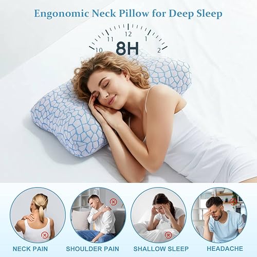 Miniatura 7 de Almohada de espuma viscoelástica para aliviar el dolor de cuello y soporte cervical, almohada de contorno refrescante tamaño Queen con doble altura,