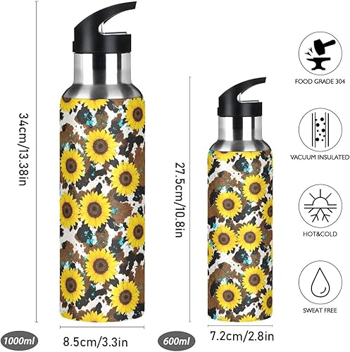 Miniatura 2 de Yellow Sunflowers Rustic Cow Print Stainless Steel Water Bottle 20 Oz Leakproof Water Bottles, BPA-Free Sport Water Bottle Insulated