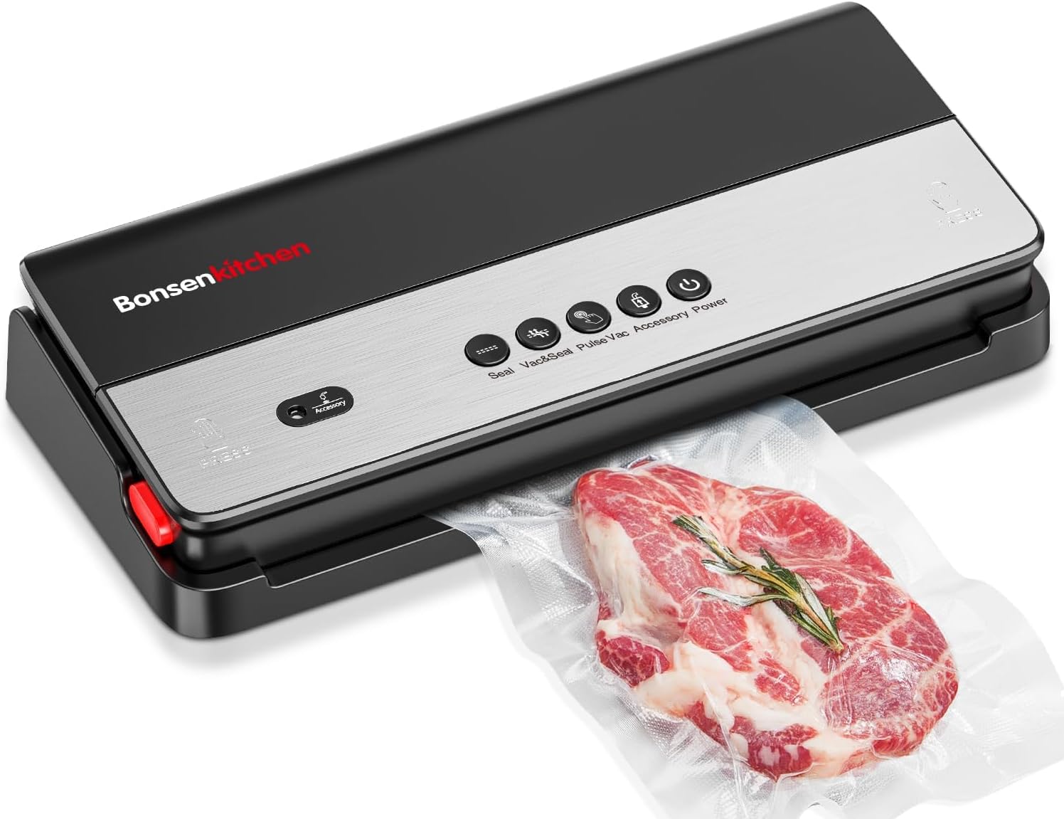 Bonsenkitchen Vacuum Sealer Machine, Multi-Functional Food Sealer, Globefish Technology for High-Speed Continuous Working, Built-in Cutter & Bag Storage, Include 5 Vacuum Bags & 1 Roll Bag Black 1 Roll+5 Bags