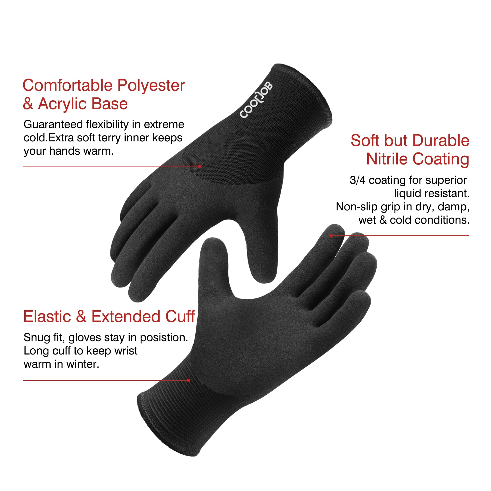 COOLJOB Work Gloves, Waterproof Winter Gloves for Men Women with Grip, Thermal Fleece Lined, 3/4 Coated Latex Coated Warm Freezer Gloves for Heavy Duty, Construction, Warehouse, Black, 1 Pair, L