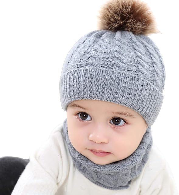 Yinuoday 2PCS Toddler Baby Knit Hat Scarf Winter Warm Beanie Cap with Circle Loop Scarf Neckwarmer