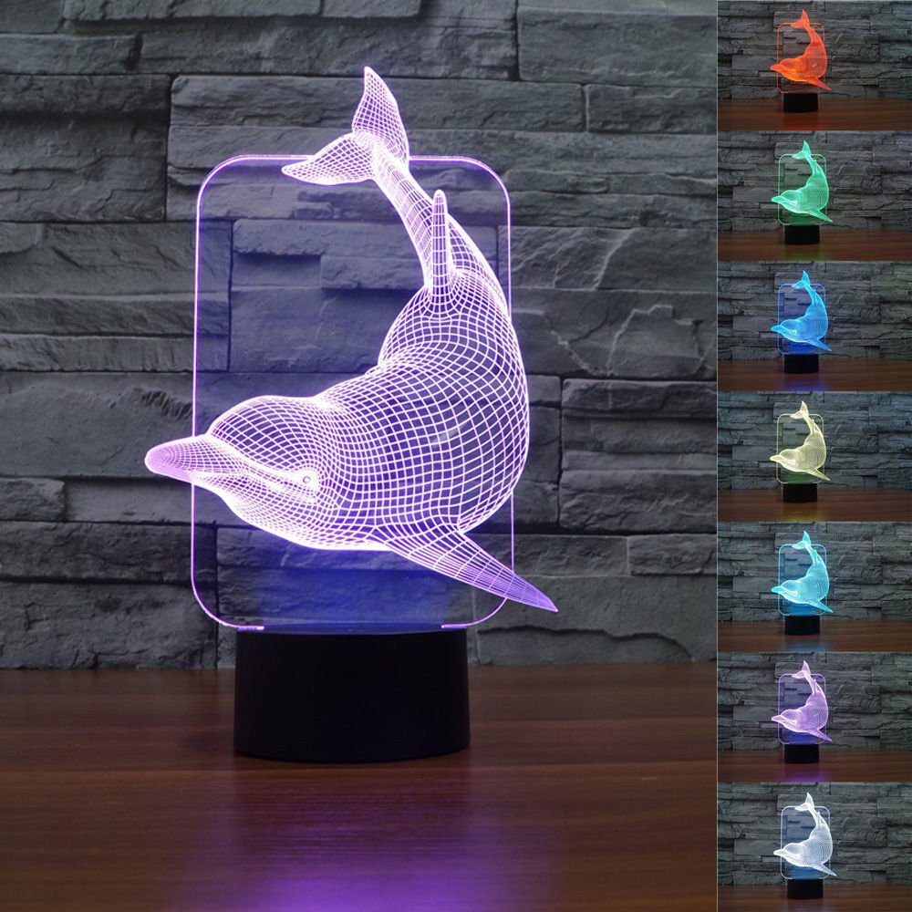 SUPERNIUDB Lovely 3D Dolphin 3D Night Light Table Desk Optical Illusion Lamps 7 Color Changing Lights