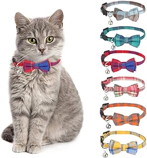 tonyg-p 6 Pack Cat Collars with Bow Tie and Bell Breakaway Cat Collars Quick Release Safety Kitty Collars Adjustable Pet Collars for Cats, Kitten, Small Pet, Plaid Patterns