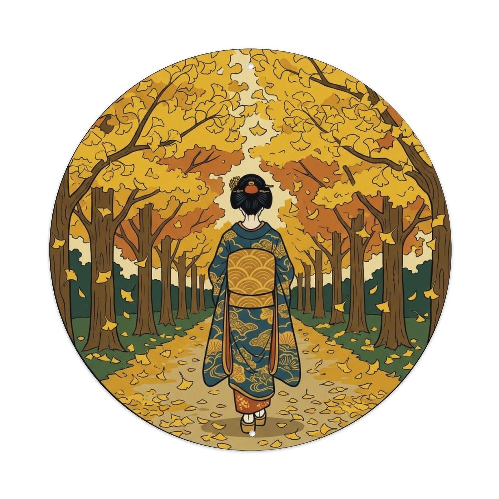 Yrnq 8X8inch Vintage Style Japanese Geisha Ginkgo Path Golden Autumn Walking Metal Tin Sign
