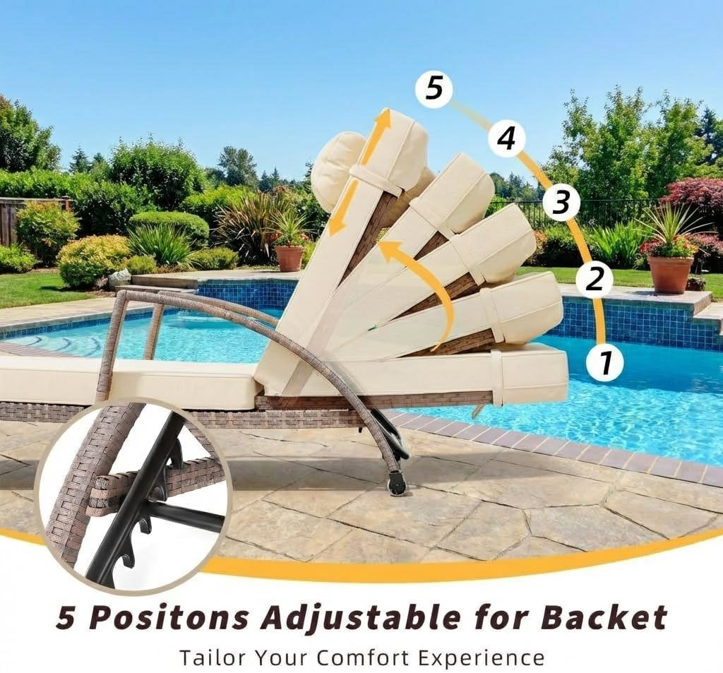 Garvee Outdoor Chaise Lounge Set of 2, 5-Position Adjustable PE Wicker Reclining Chairs with Wheels & 3.5" Cushions, 400 lbs Capacity All-Weather Patio Furniture for Poolside, Garden, Beach(Beige)