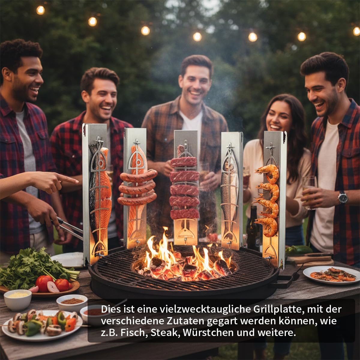 AMOZO Edelstahl Flammlachshalter für Feuerschalen & Kugelgrills | Grillzubehör für Feuerschale und Kugelgrill mit 180° Wendefunktion | Ohne Schrauben | Alternative zum Flammlachsbretter.