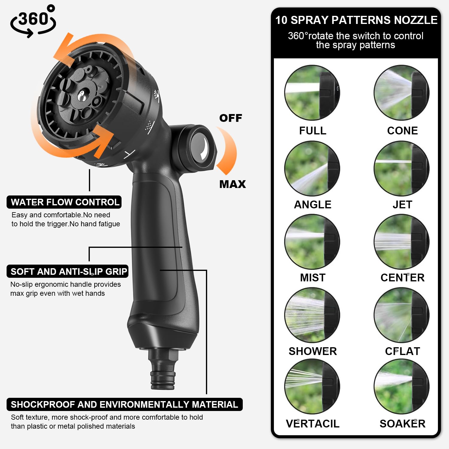 Tuyau d'arrosage 30m, ULTTY Tuyau d’arrosage Extensible avec 1/2" et 3/4" (19mm et 13mm) Adaptateurs, 10 Modes d'Arrosage, Latex Triple Épaisseur Durable avec Raccords en Laiton et Sac, Noir - 5