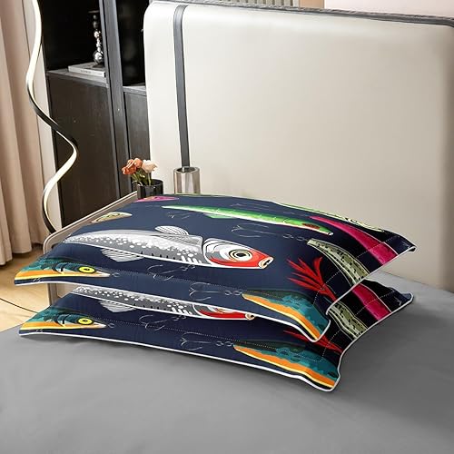 Miniatura 6 de Juego de funda de edredón de algodón con patrón de pez, tamaño matrimonial, juego de ropa de cama de pesca con anzuelo de peces para niños, niñas,