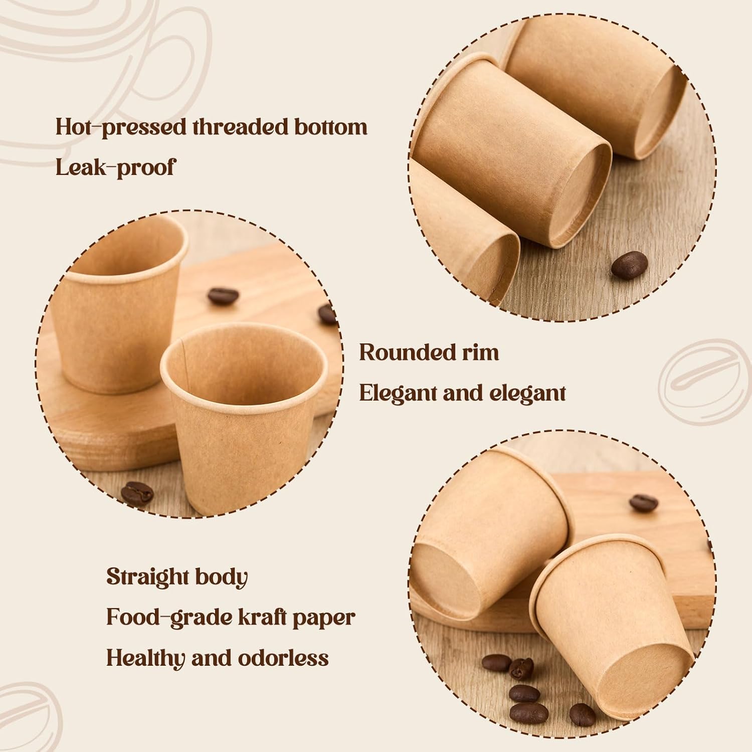 Mini Coffee Cups Disposable Brown Paper Cups Hot or Cold Beverage Cup Mouthwash Cup Drinking for Coffee Water Tea Juice Espresso for Home Office Party Picnic(Kraft Paper Color,2oz,100 Pack) - Image 3
