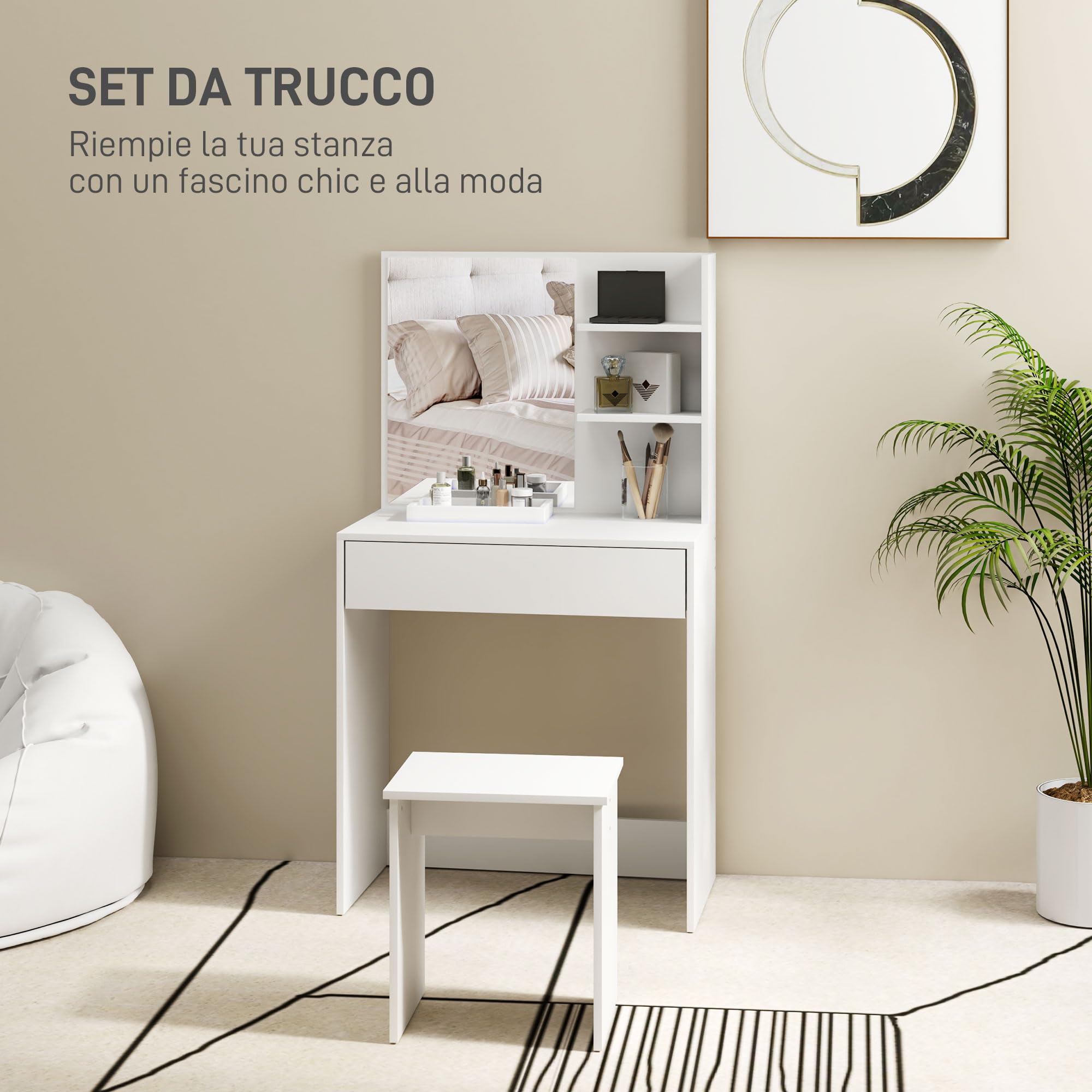 HOMCOM Postazione Trucco a 3 Ripiani e Cassetti con Specchio e Sgabello Abbinato, Toeletta Trucco da Camera in Truciolato, 75x40x137 cm, Bianco