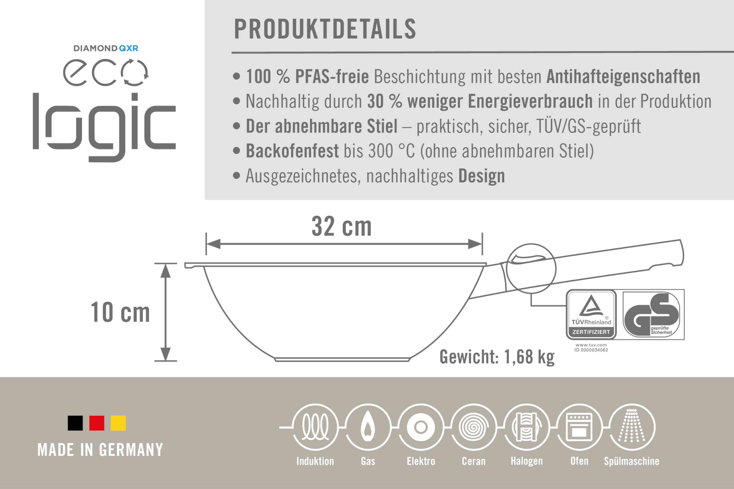Woll Eco Logic QXR - Sartén para wok y agitador (inductiva, diámetro de 32 cm, 10 cm de alto, con mango extraíble, apta para todo tipo de cocinas, sin PFAS, revestimiento antiadherente, aluminio