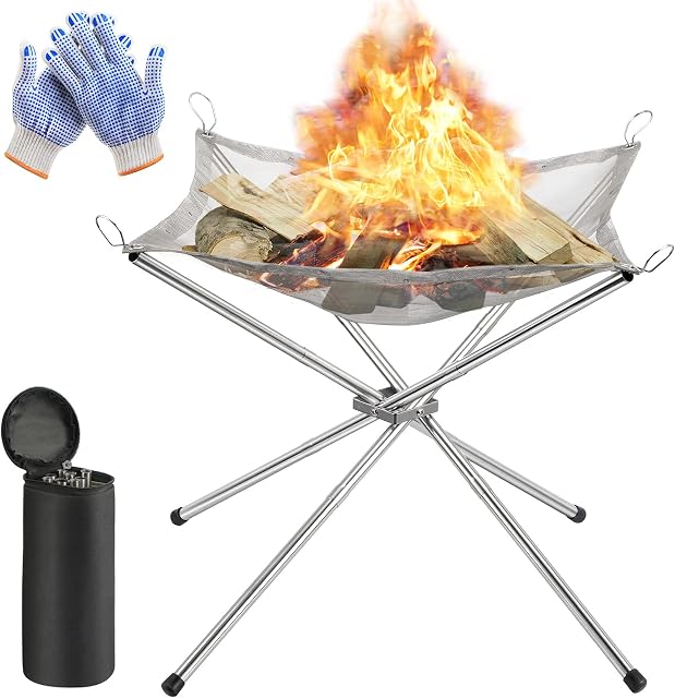 Portable Fire Pit for Camping, Outdoor Folding Firepit Fireplace with Heat Resistant Gloves & Carrying Bag, Stainless Steel Mesh BBQ Fire Bowl for Picnics, Bonfire, Patio, Backyard and Garden
