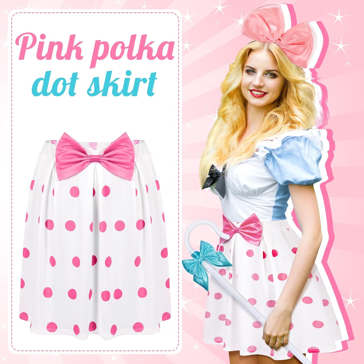 4 Pcs Shepherdess Costume Set for Women, Shepherdess Costume Pink Polka Dot Skirt Bow Cane Headband Suit Halloween Cosplay Outfit for Women