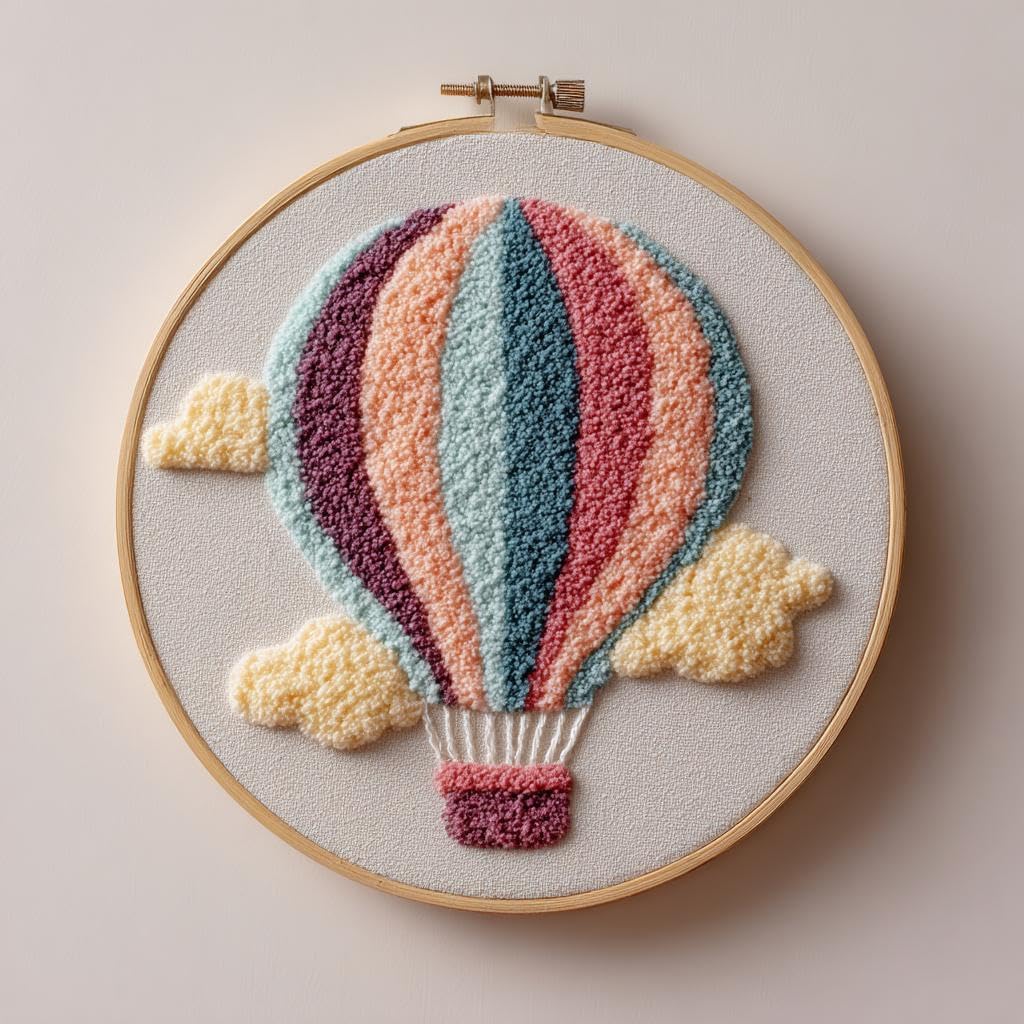 DIY Punch Needle Kits Colorful Hot Air Balloon with Pattern Easy for Beginners Needlework Embroidery Starter Set with Hoop for Home Decor 20x20cm