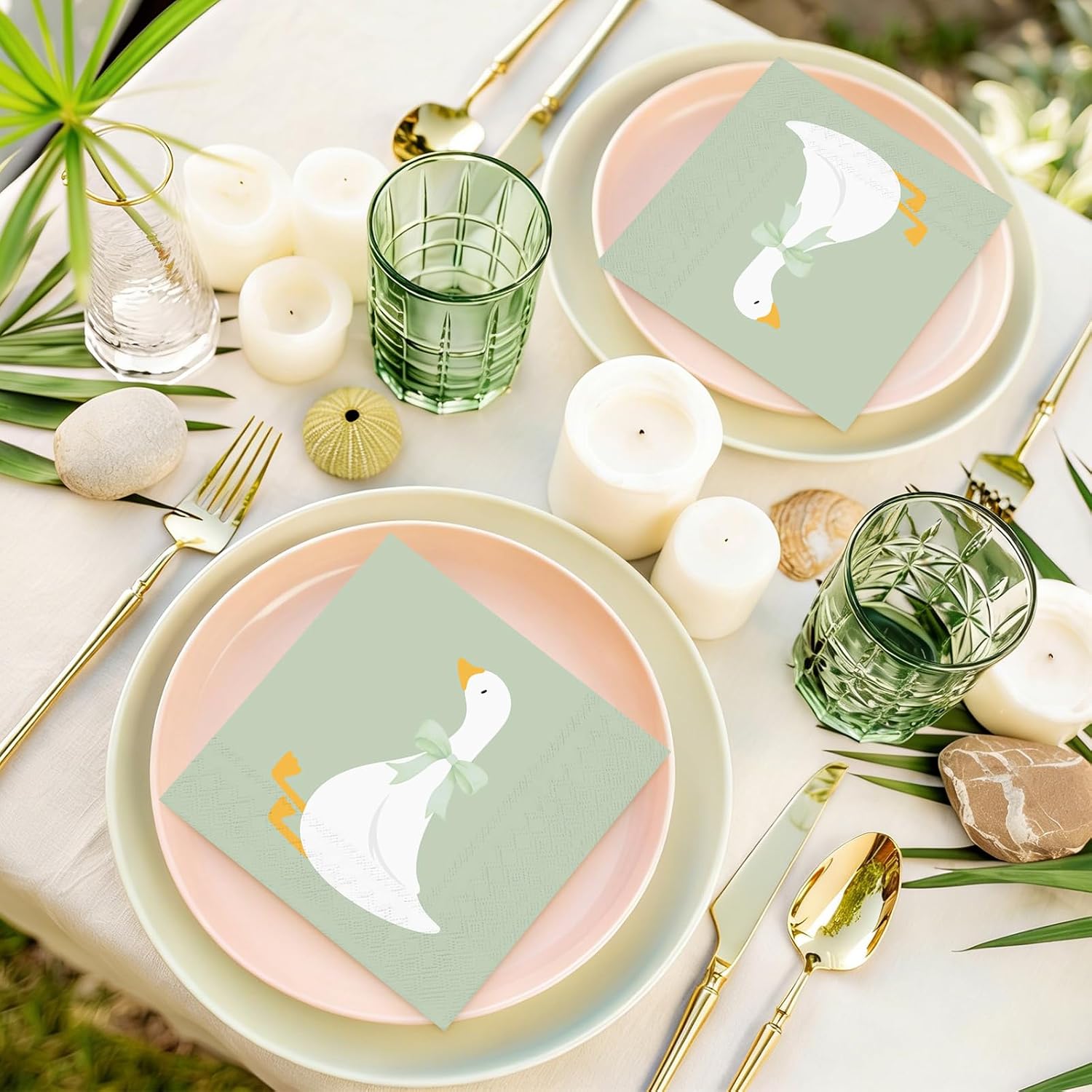 FYSUIMU Silly Goose Paper Napkins White Goose with Bow Luncheon Napkin Sage Green Disposable Dessert Dinner Hand Towel for Baby Shower Gender Reveal Birthday Party Supplies, 50 Pcs
