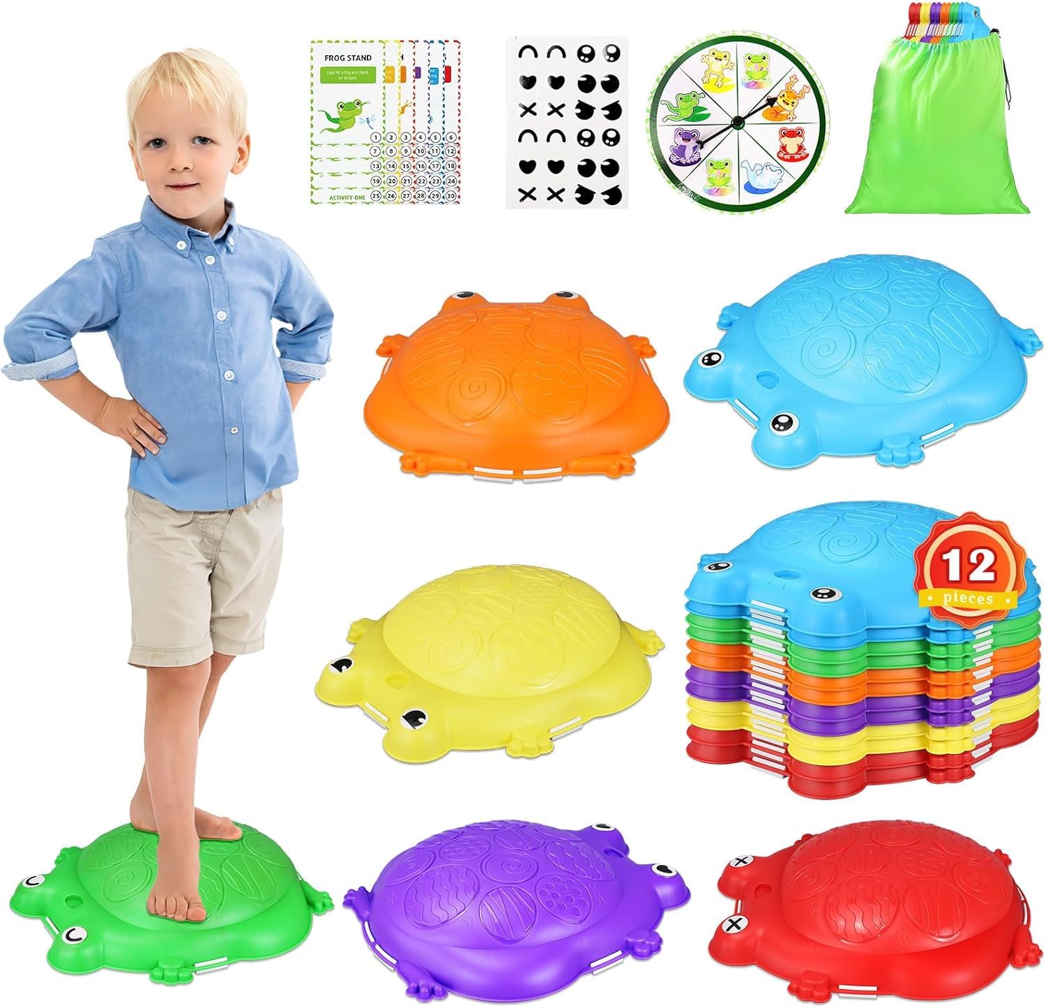 12Pcs Sensory Stepping Stones for Kids, Non-Slip Balance Stones, Stackable Indoor and Outdoor Play Equipment, Outside Toys for Children Age 18 Months +