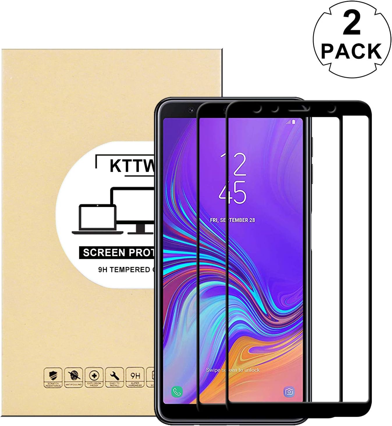 KTTWO Samsung Galaxy A7 2018 Screen Protector Glass, (2PACK) Full Screen Coverage Anti-Scratch Bubble-Free Tempered Glass Screen Protector with Full Glue for Samsung Galaxy A7 2018/A750FZ, Black