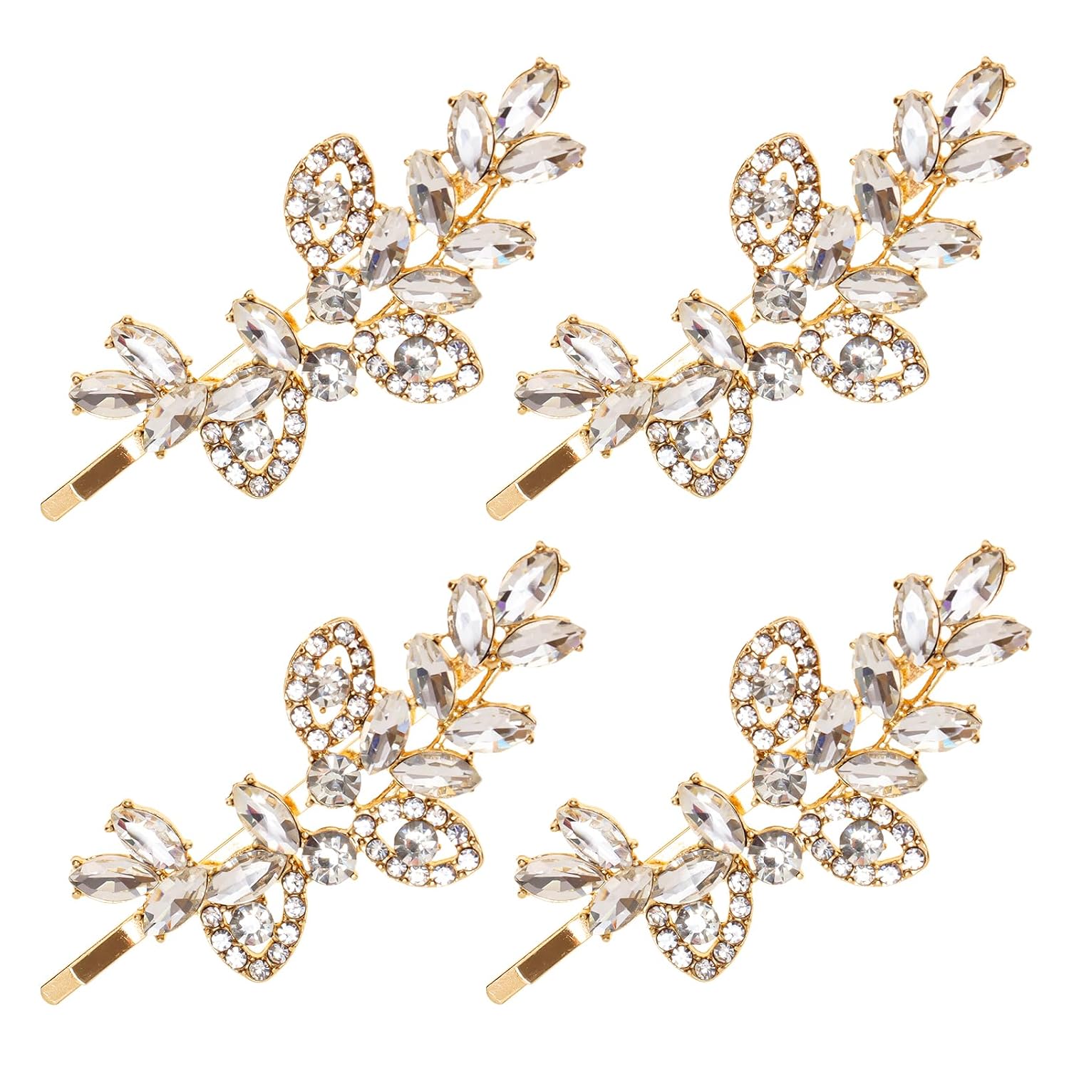 Fumwase 4Pieces Rhinestone Hair Clips Wedding Hair Pins Leaf Crystal Side Hairpin Bridal Barrette Accessories for Women (Gold)