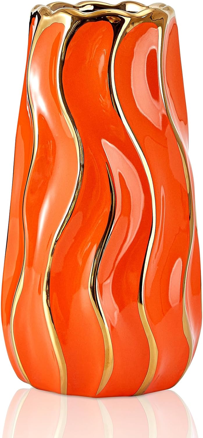 Ceramic Vase, Orange Vase for Home Decor,Decorative Flower Vase, Vertical Stripe Ceramic Vases for Home Décor, Bedroom, Office, Living Room...