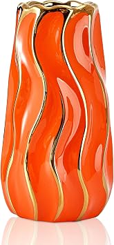 Ceramic Vase, Orange Vase for Home Decor,Decorative Flower Vase, Vertical Stripe Ceramic Vases for Home Decor, Bedroom, Office, Living Room, Bathroom, Tabletop Decor, Centerpiece Orange