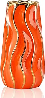 Ceramic Vase, Orange Vase for Home Decor,Decorative Flower Vase, Vertical Stripe Ceramic Vases for Home Décor, Bedroom, Office, Living Room...