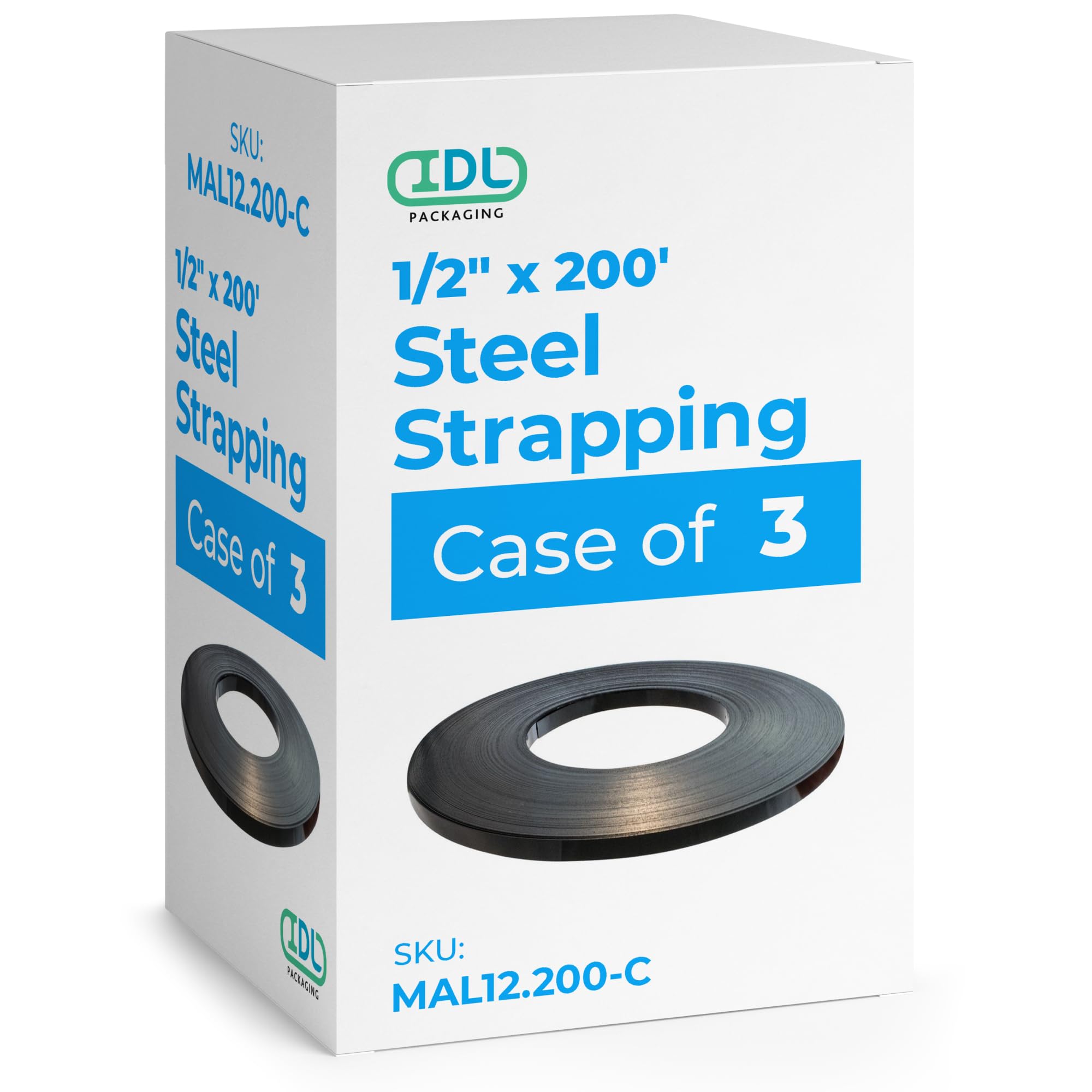 IDL Packaging 1/2" x .020" x 200' Steel Strapping Coil, 1100 lbs Break Strength in Self-Dispensed Сardboard Box - Portable Strong Banding with Superior Cut-Resistance (Pack of 3)