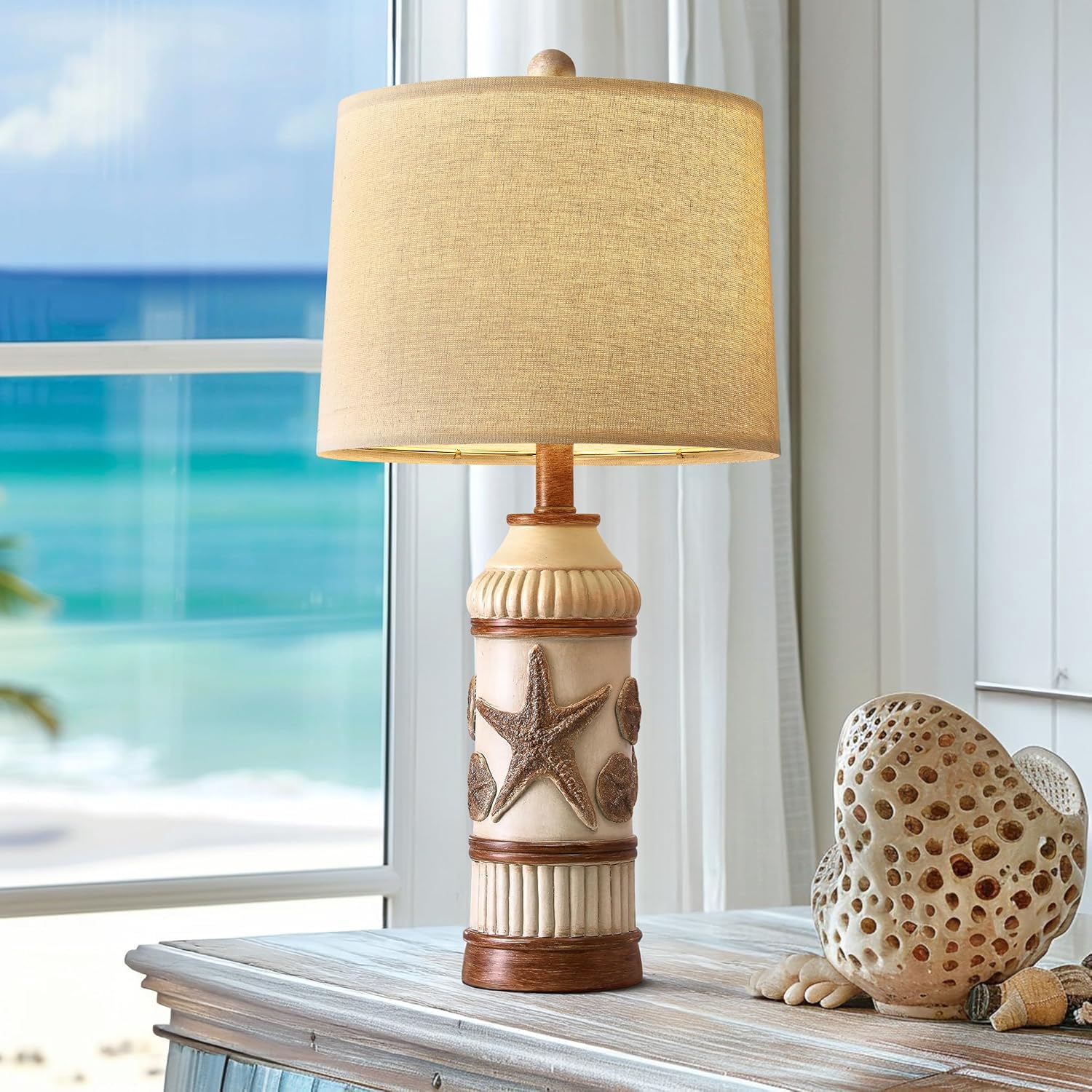 24“ Table Lamp for Bedroom, Boho Table Lamp for Living Room, Bedside Nightstand Lamp, Coastal Nautical Lamp with Starfish Conch Pattern for Decor, End Table, Vintage Retro Beach, Off White