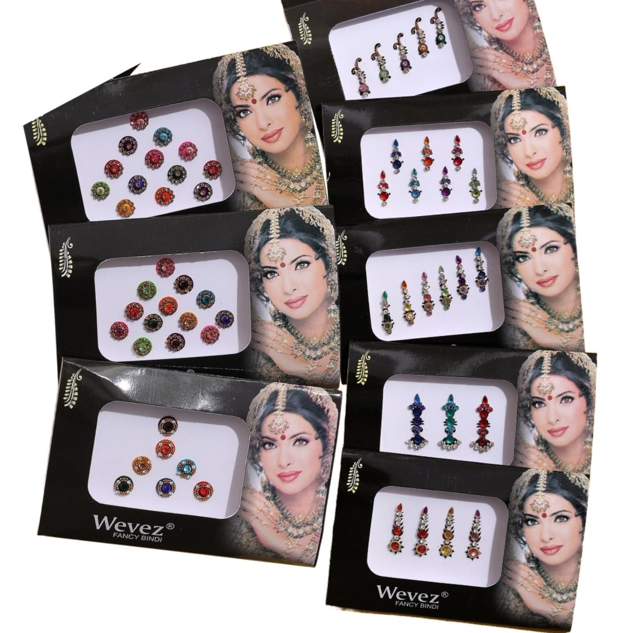 Pack of 6 Multi Color Long Rhinestone Body Glitters Reusable Bindi