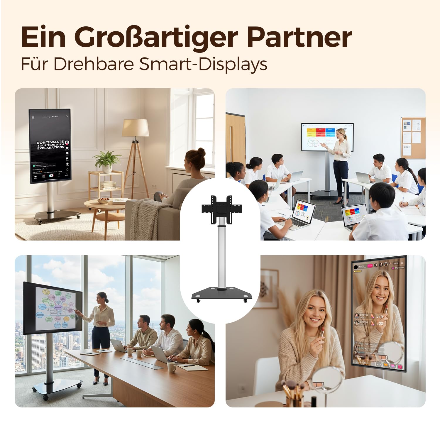 JAV Interaktives Whiteboard Ständer Mobiler Smart Board Ständer Rollbar für 32-55 Zoll Tragbarer Smart Screen mit 4 Feststellbare Räder Höhenverstellbar Bodenständer für Büro Klassenzimmer Zuhause