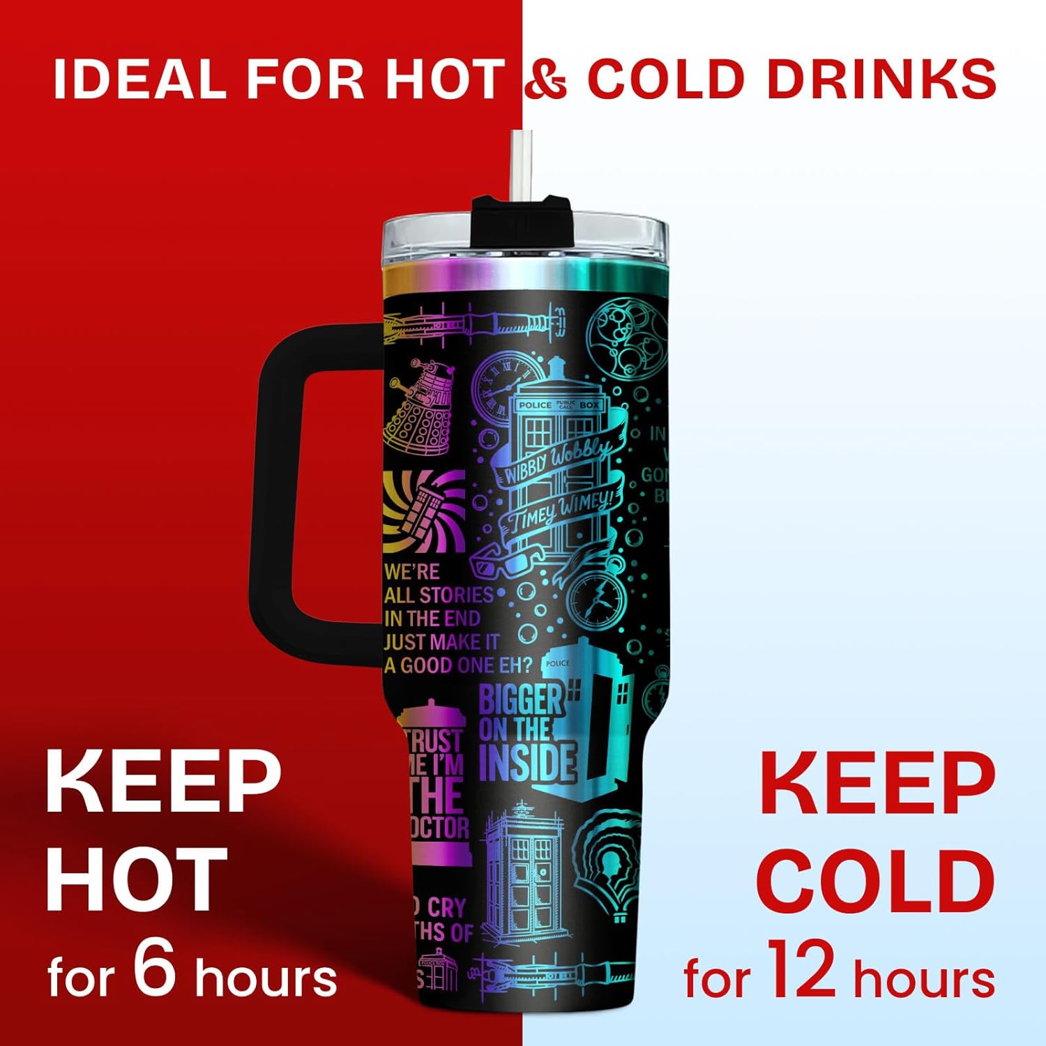 34HD Doctor Tumbler 40oz with Handle and Straw – Bigger on the Inside Travel Mug – Insulated Stainless Steel Water Bottle – Funny Sci-Fi Fan Cup – Gifts for Bookworms, Geeks & Nerds - Image 5