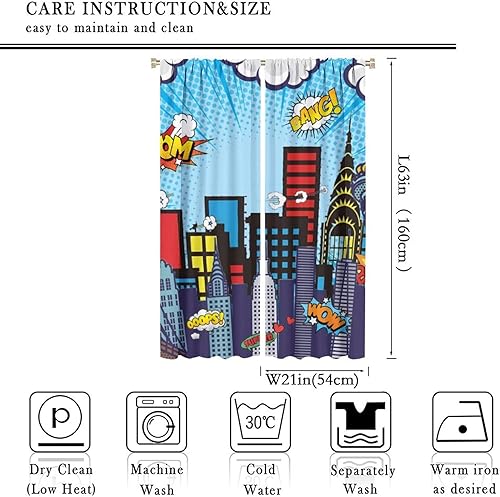 Miniatura 4 de Super City Hero - Cortinas de ventana para niños, edificios de horizonte urbano, paisaje urbano, bolsillo para barra, tratamiento de ventana para