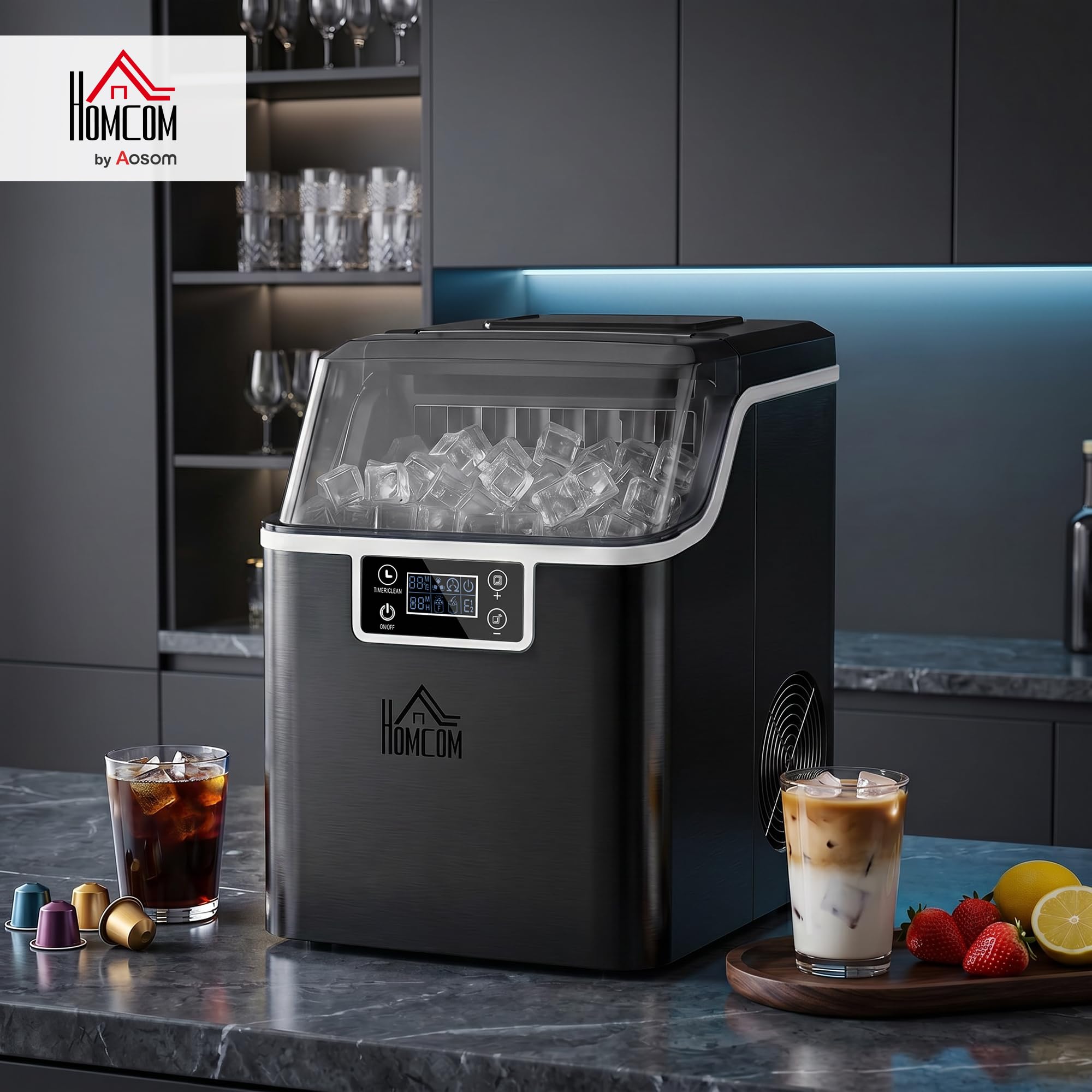 HOMCOM Macchina Ghiaccio 20kg in 24 Ore, Riempimento Manuale o con Bottiglia, 24 Cubetti in 14-18 Minuti con Paletta, Dimensione Regolabile, Serbatoio 3.2L e Sistema Autopulente, Nero