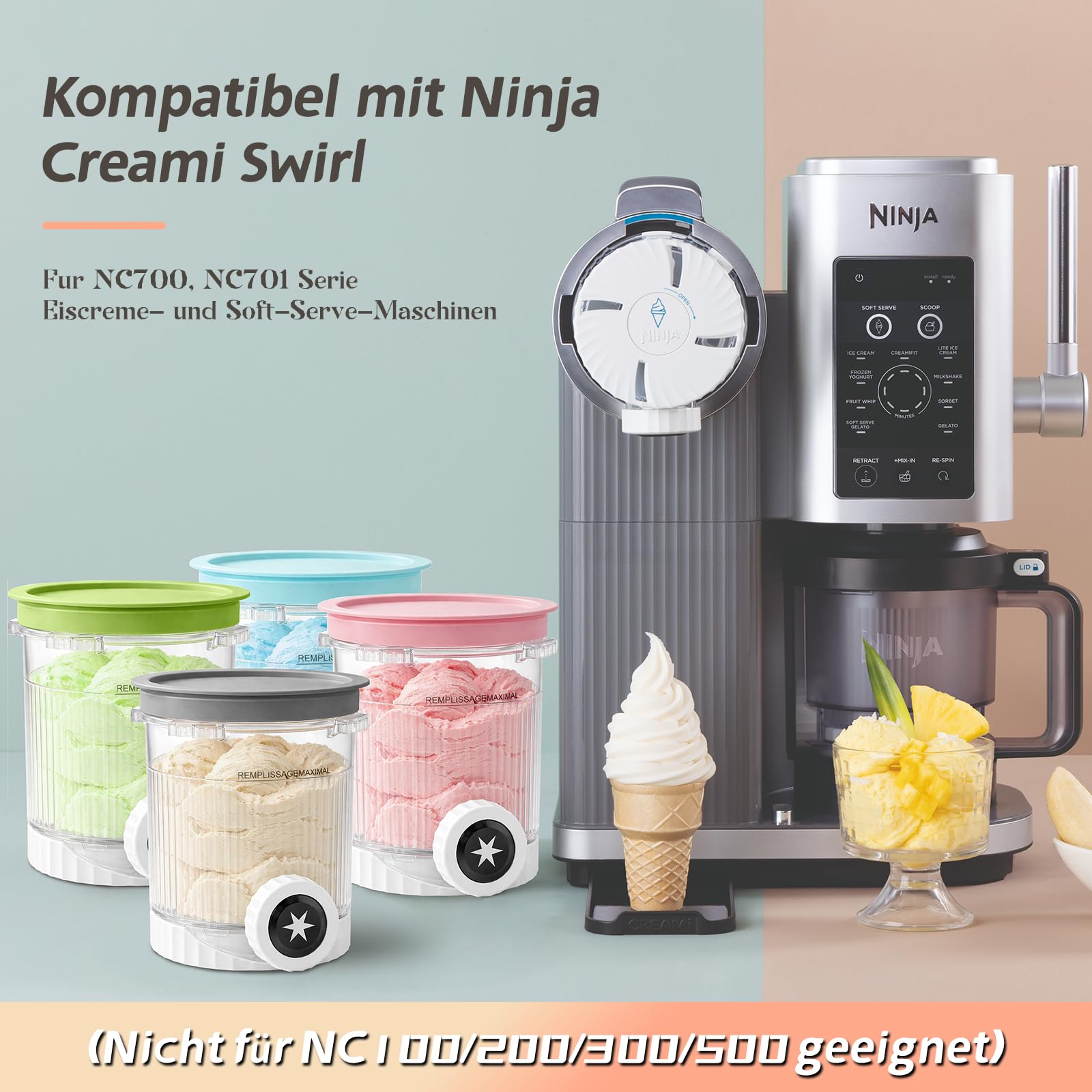 4 Stück Behälter für Ninja Swirl by CREAMi Softeis- & Eismaschine, Swirl Pints und Deckel kompatibel mit Ninja NC700 NC701EU Serie, BPA-frei & Spülmaschinenfest, 1 Metallschaufel und 4 Löffel