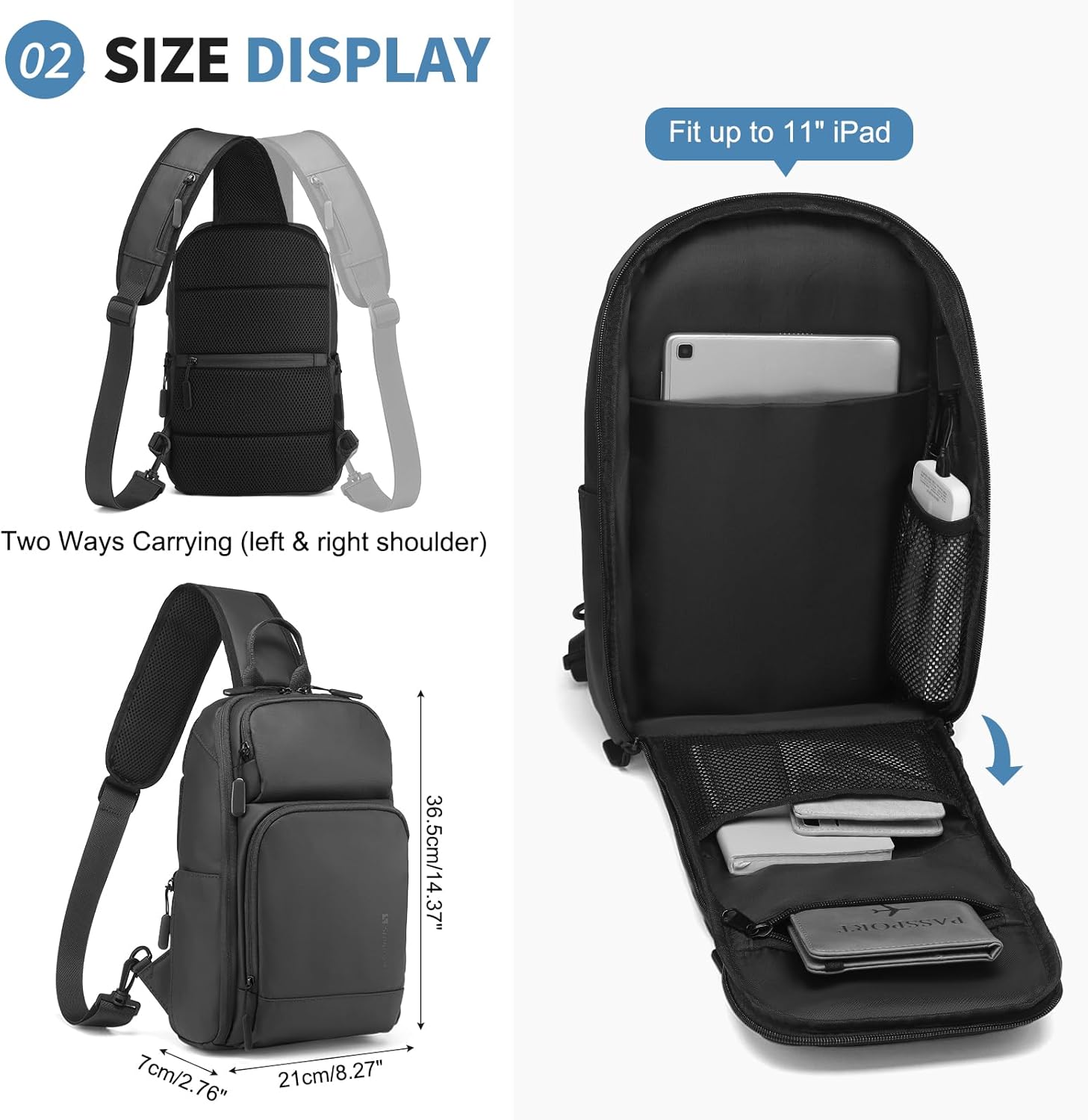 Men's Sling Bag, Convertible Anti Theft Sling Backpack, 11" One Shoulder Crossbody Backpack with USB Charging Port for Working Travel Daily, Black - Image 3