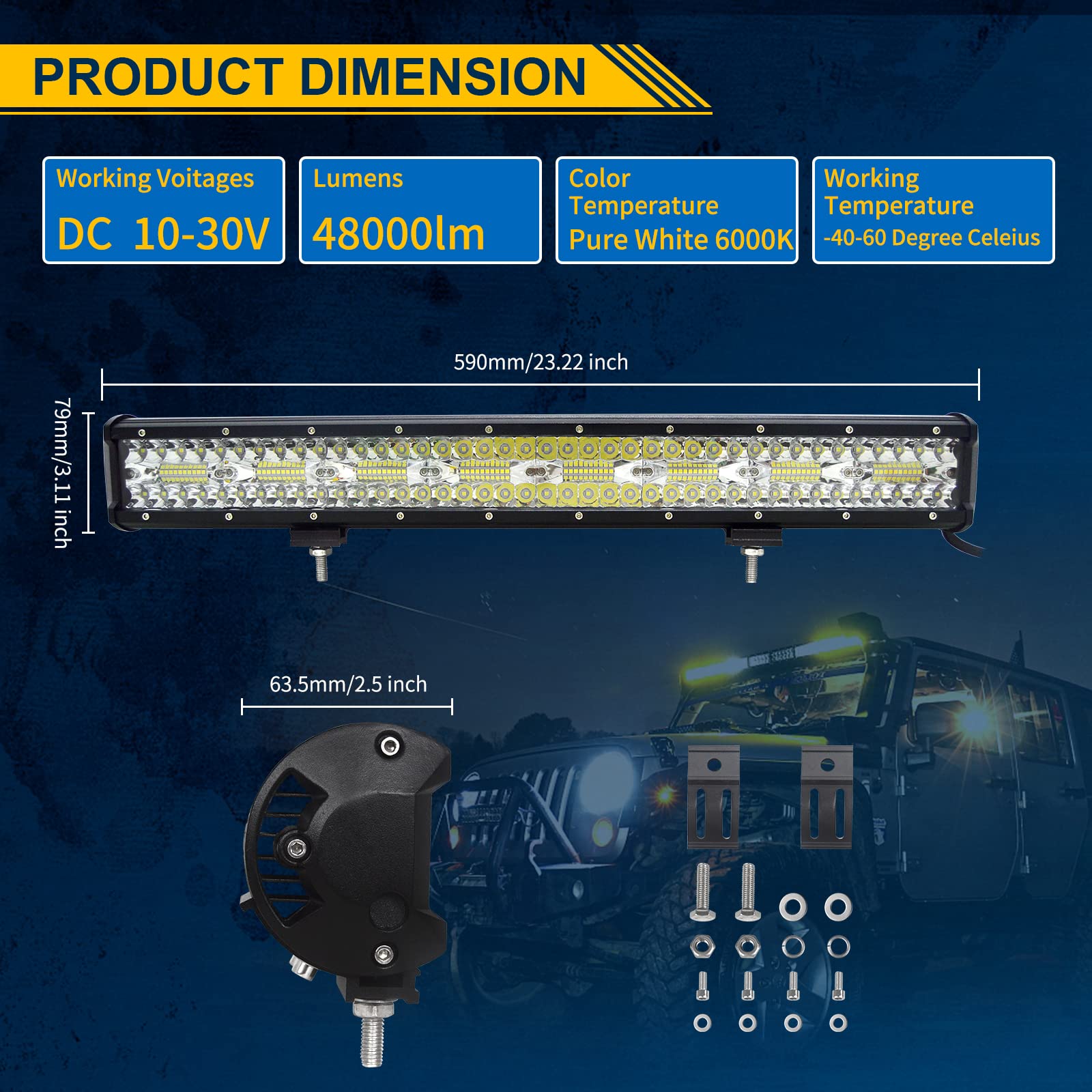 PICAA Barra Led, Tres Fila 22 pulgadas 58.5CM 8D 480W Barra de luz LED Barra de luces LED, Con 2 luces de trabajo LED, para SUV Offroad ATV UTV Tractor 4x4 coche auto, Con 12V Kit de cableado