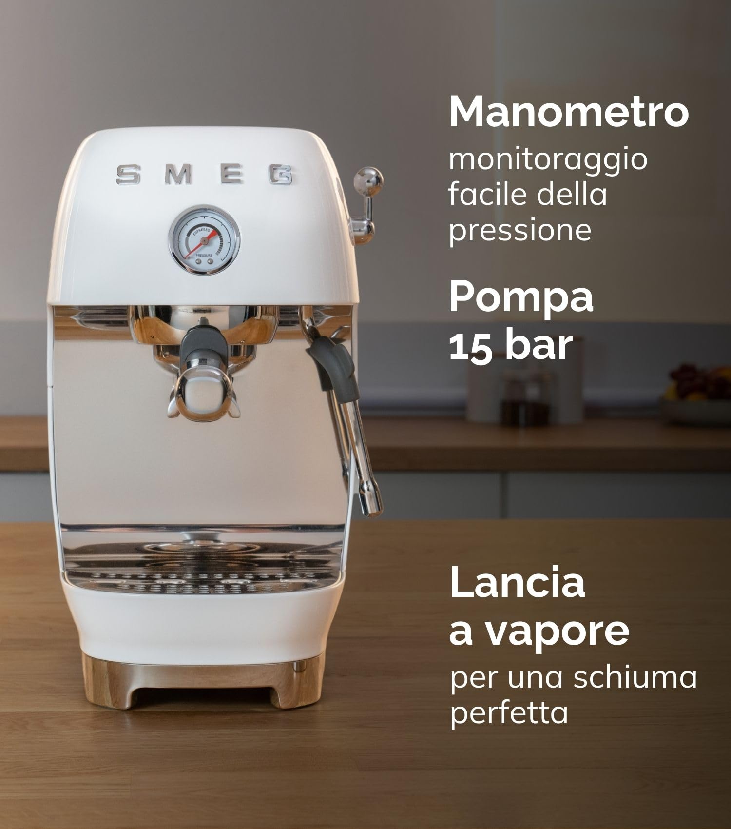 Smeg, Macchina da Caffè Espresso Manuale ECF03CREU, Thermoblock, Funzione Cold Brew, Lancia a Vapore e Manometro, Serbatoio da 1,4 L, 1650 W, Panna