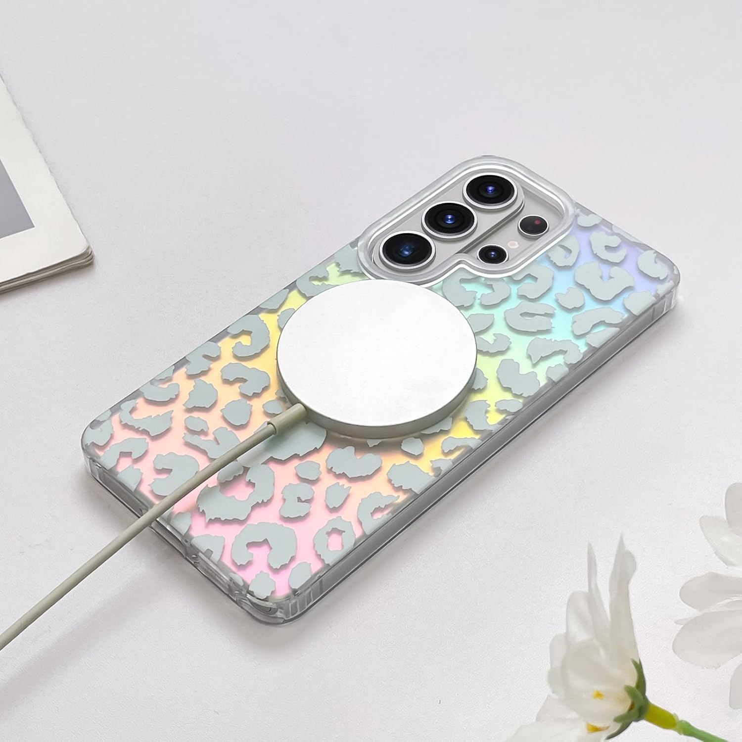 SAKUULO Magnetic Case for Samsung Galaxy S26 Ultra Compatible with Magsafe, Trendy Leopard Print Bling Laser Iridescent Sparkly Luxury Shockproof Protective Cover for Women Men