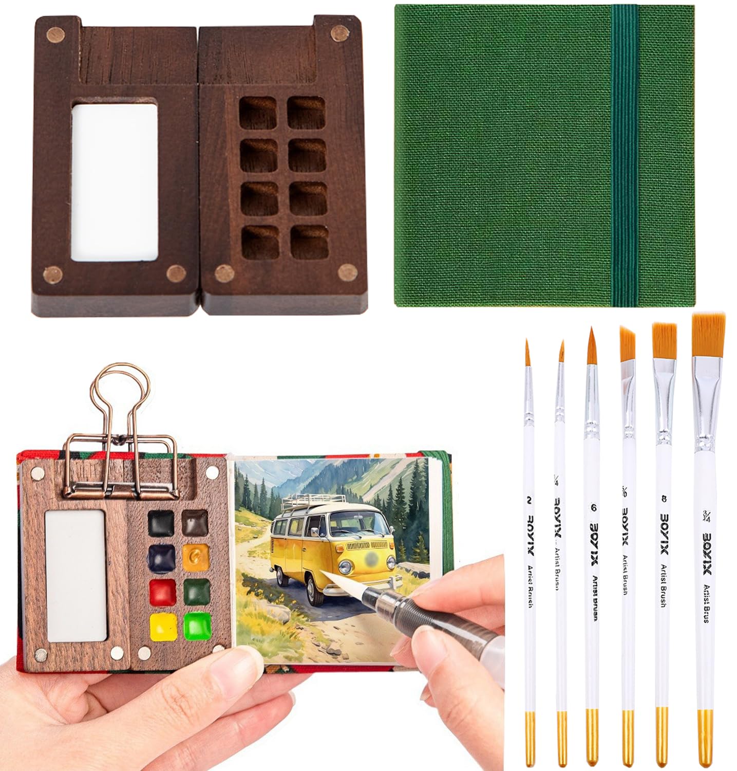 Mini Paint Palette Travel Kit,Tiny Watercolor Palette Painting Kit,Wood Portable Painter Watercolor Palette,Small Pocket Wooden Artist Travel Kit (8-Color Watercolor Walnut Set-N)